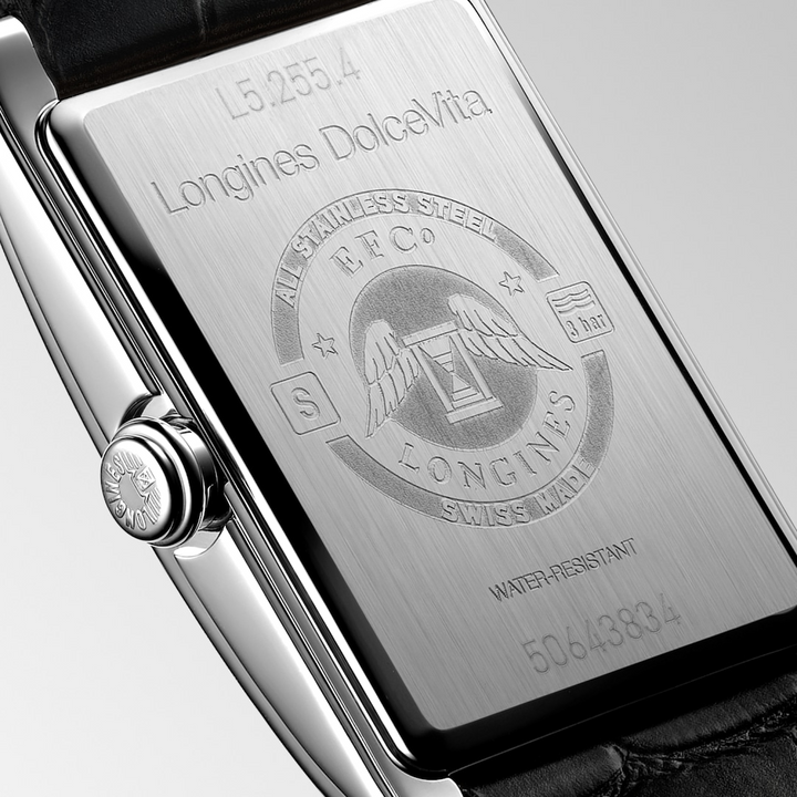 LONGINES DolceVita L5.255.4.71.0 Caseback Close-Up With Engraved Detail and Black Leather Strap