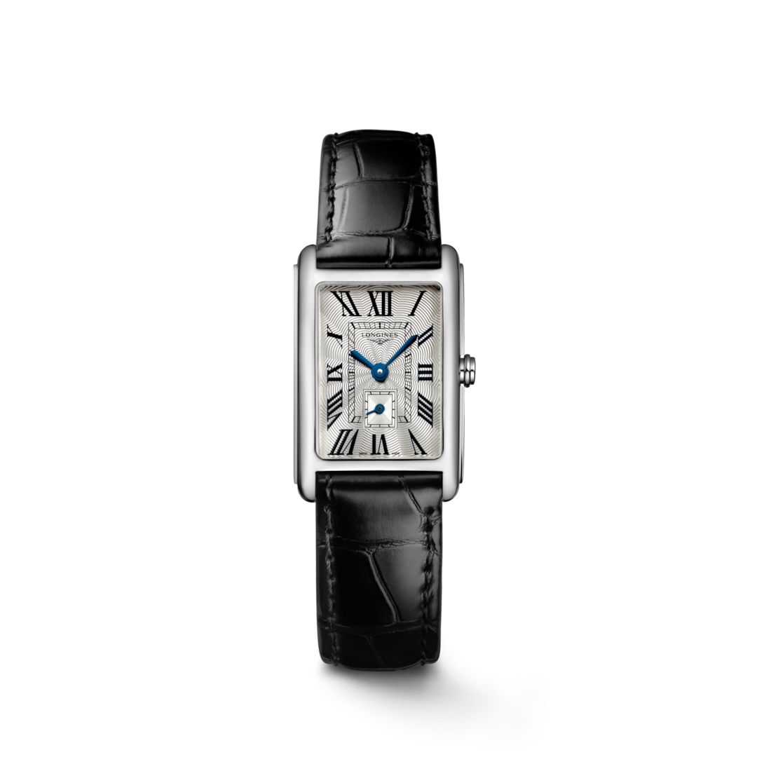 LONGINES DolceVita L5.255.4.71.0 Rectangular Watch With Silver Dial and Black Leather Strap