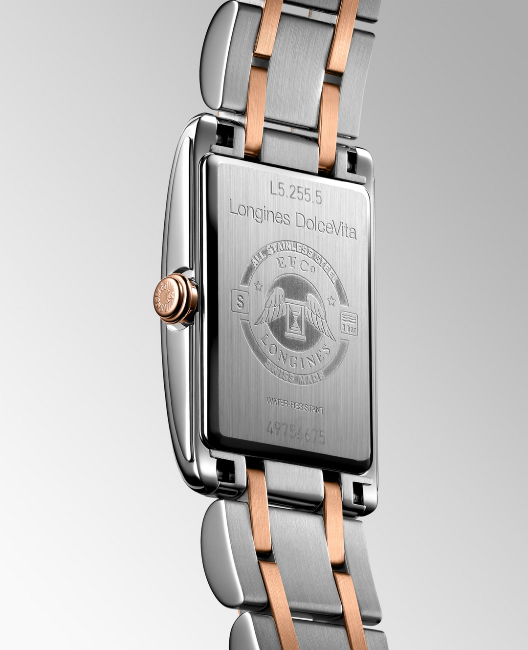 LONGINES DolceVita L5.255.5.71.7 Caseback Close-Up With Two-Tone Bracelet