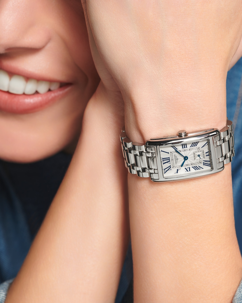LONGINES DolceVita L5.512.4.71.6 Stainless Steel Watch Worn on Wrist With Denim Styling