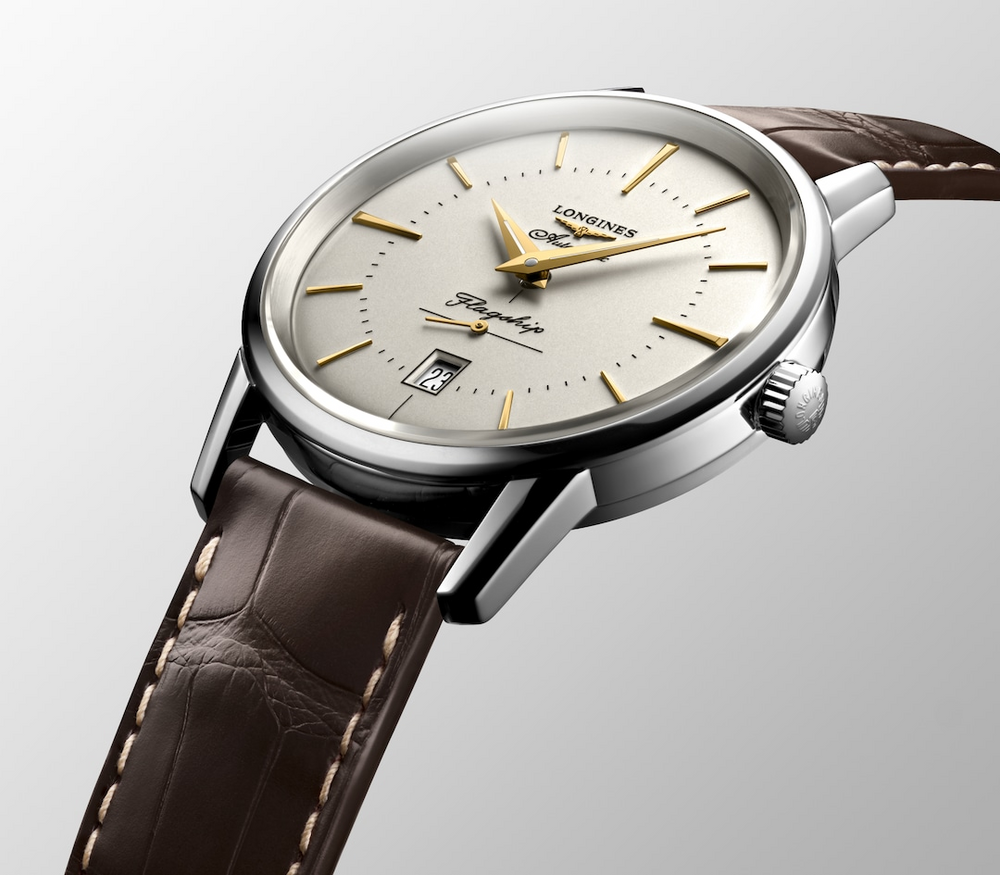 Close up angled view of a LONGINES Flagship Heritage watch with an ivory dial.