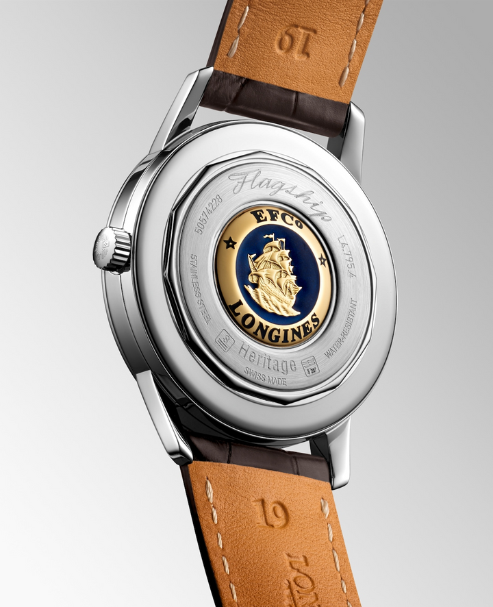 Close up back view of a LONGINES Flagship Heritage watch with a leather strap.
