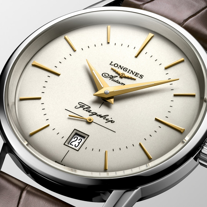 Close up front view of a LONGINES Flagship Heritage watch with an ivory dial.