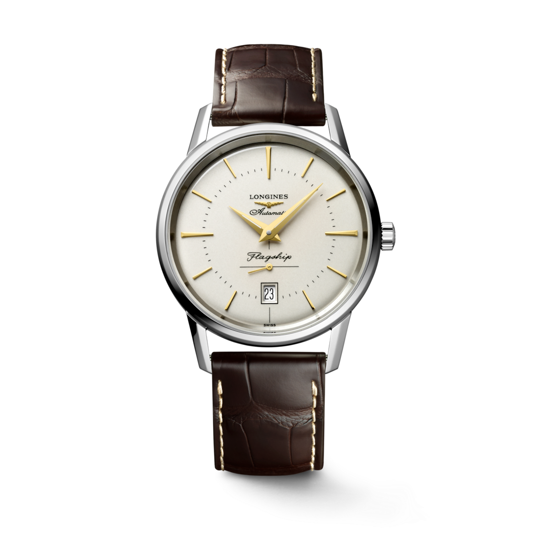 Close up front view of a LONGINES Flagship Heritage watch with an ivory dial.