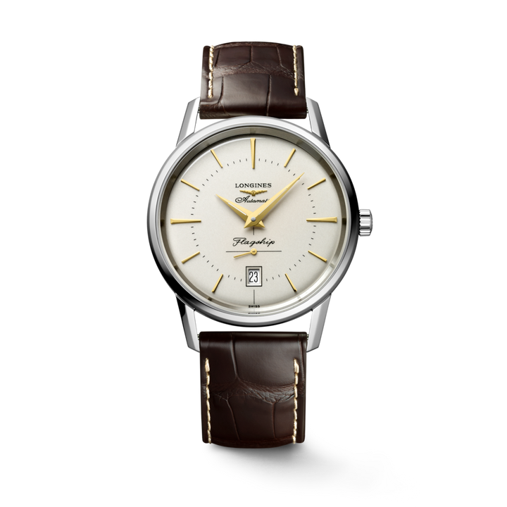 Close up front view of a LONGINES Flagship Heritage watch with an ivory dial.