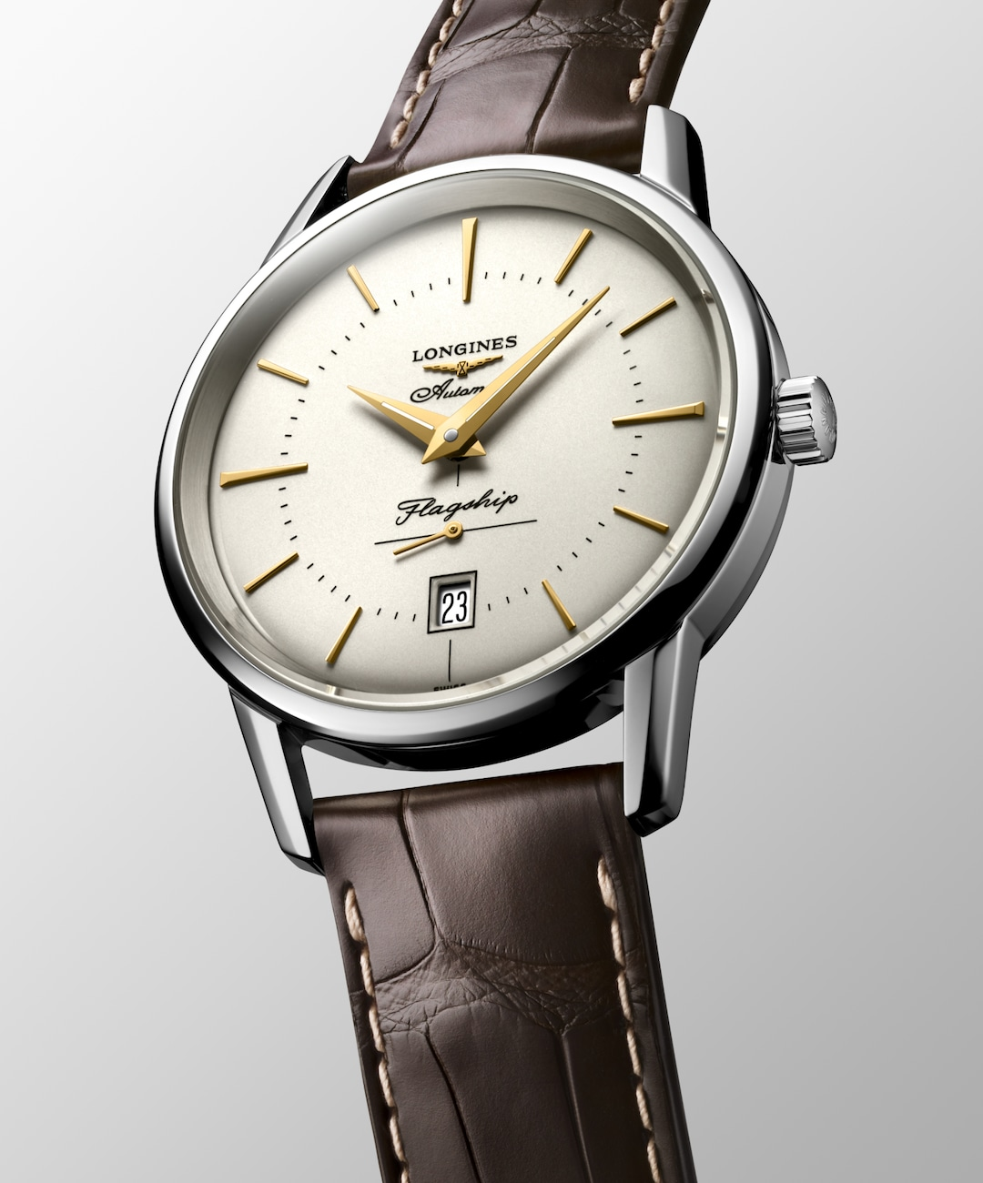 Close up front view of a LONGINES Flagship Heritage watch with an ivory dial.