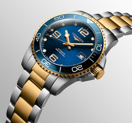 LONGINES HydroConquest Blue Dial Watch With Ceramic Bezel, Gold Crown, and Two-Tone Bracelet