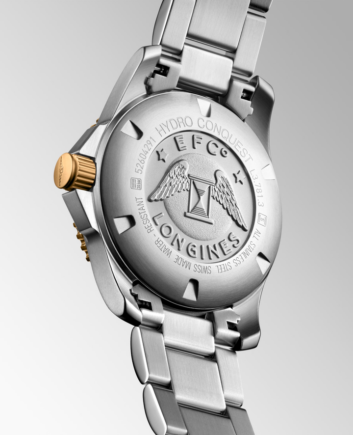 LONGINES HydroConquest Caseback Close-Up With Engraved Detail and Stainless Steel Bracelet