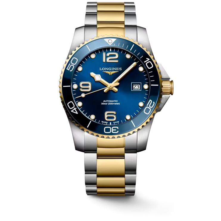 LONGINES HydroConquest 41mm Watch With Blue Dial, Ceramic Bezel, and Two-Tone Bracelet