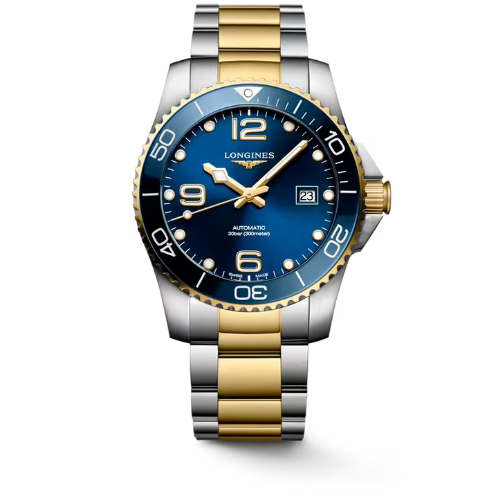LONGINES HydroConquest 41mm Watch With Blue Dial, Ceramic Bezel, and Two-Tone Bracelet