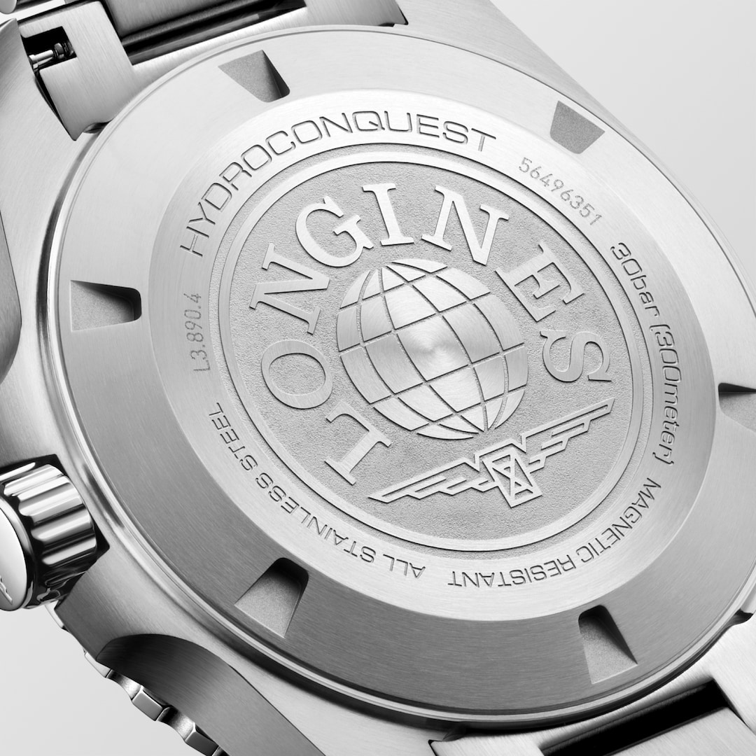 LONGINES HydroConquest GMT L3.890.4.56.6 Caseback Close-Up With Stainless Steel Detail