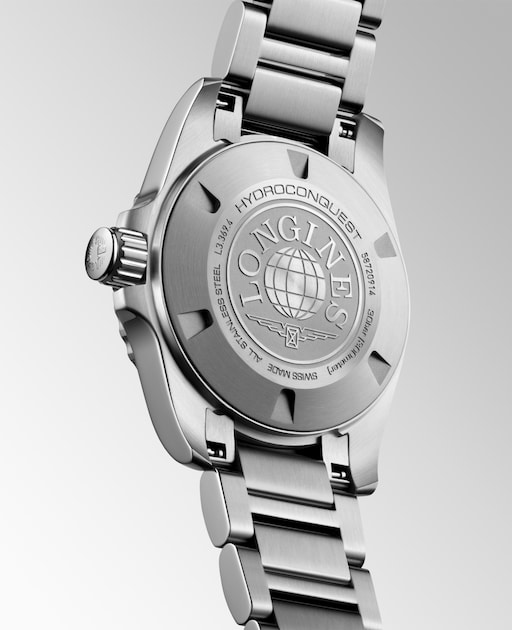 Rear view of the LONGINES HydroConquest L3.369.4.12.6 showing its engraved caseback and stainless steel bracelet.