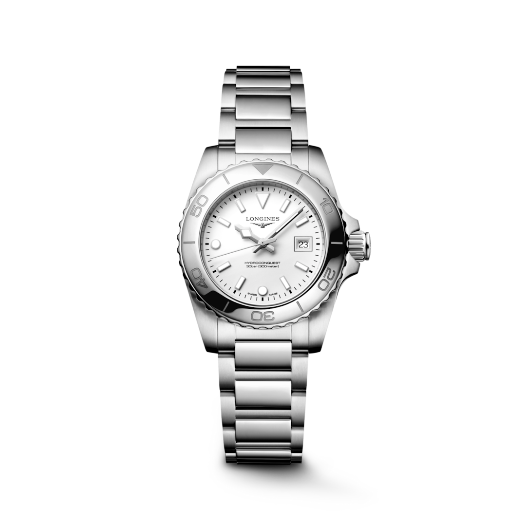 LONGINES HydroConquest L3.369.4.12.6 shown from the front with a white dial, rotating bezel and steel bracelet.