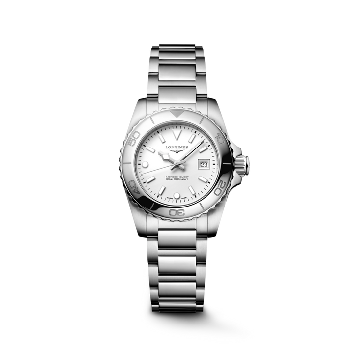 LONGINES HydroConquest L3.369.4.12.6 shown from the front with a white dial, rotating bezel and steel bracelet.