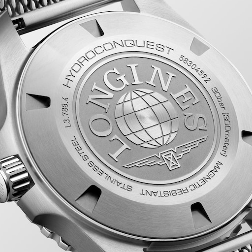 Close-up of the LONGINES HydroConquest L3.788.4.90.6 steel caseback with an engraved globe and winged hourglass.