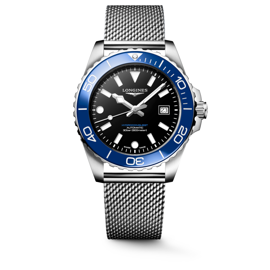 LONGINES HydroConquest L3.788.4.90.6 shown from the front with a black dial, blue bezel and steel mesh bracelet.