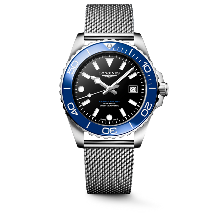 LONGINES HydroConquest L3.788.4.90.6 shown from the front with a black dial, blue bezel and steel mesh bracelet.
