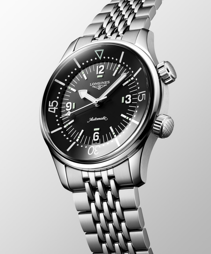 LONGINES Legend Diver L3.764.4.50.7 Angled View With Black Dial, Two Crowns, and Stainless Steel Bracelet