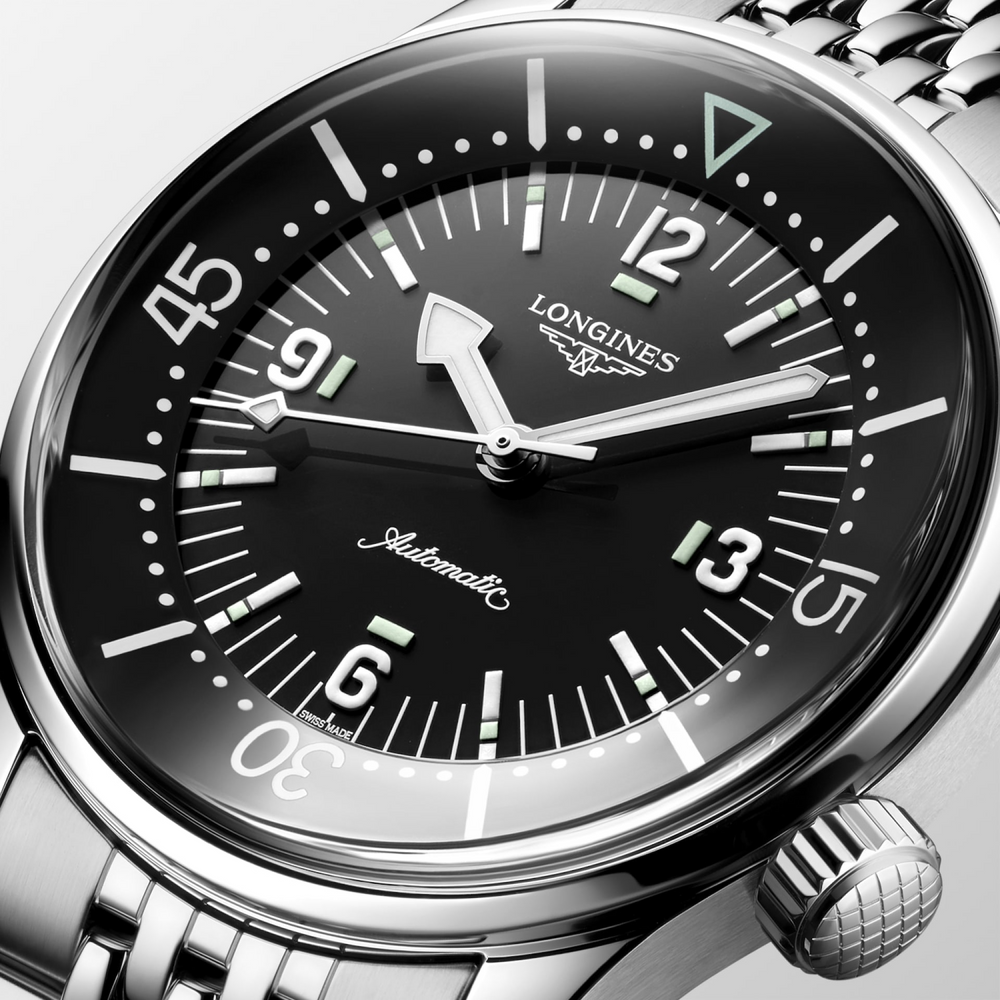 LONGINES Legend Diver L3.764.4.50.7 Black Dial Close-Up With Internal Dive Bezel