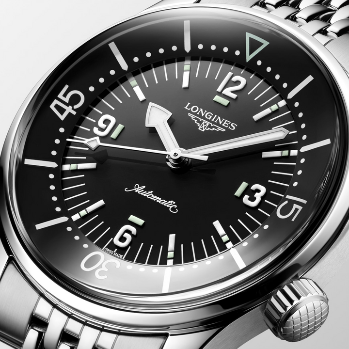 LONGINES Legend Diver L3.764.4.50.7 Black Dial Close-Up With Internal Dive Bezel