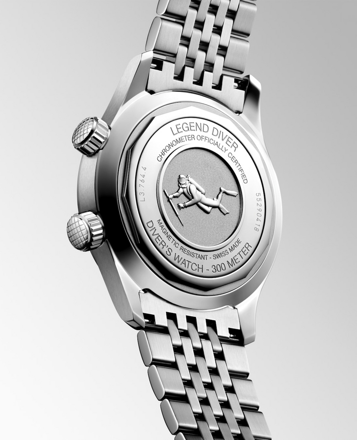 LONGINES Legend Diver L3.764.4.99.6 Caseback With Diver Medallion and Stainless Steel Bracelet