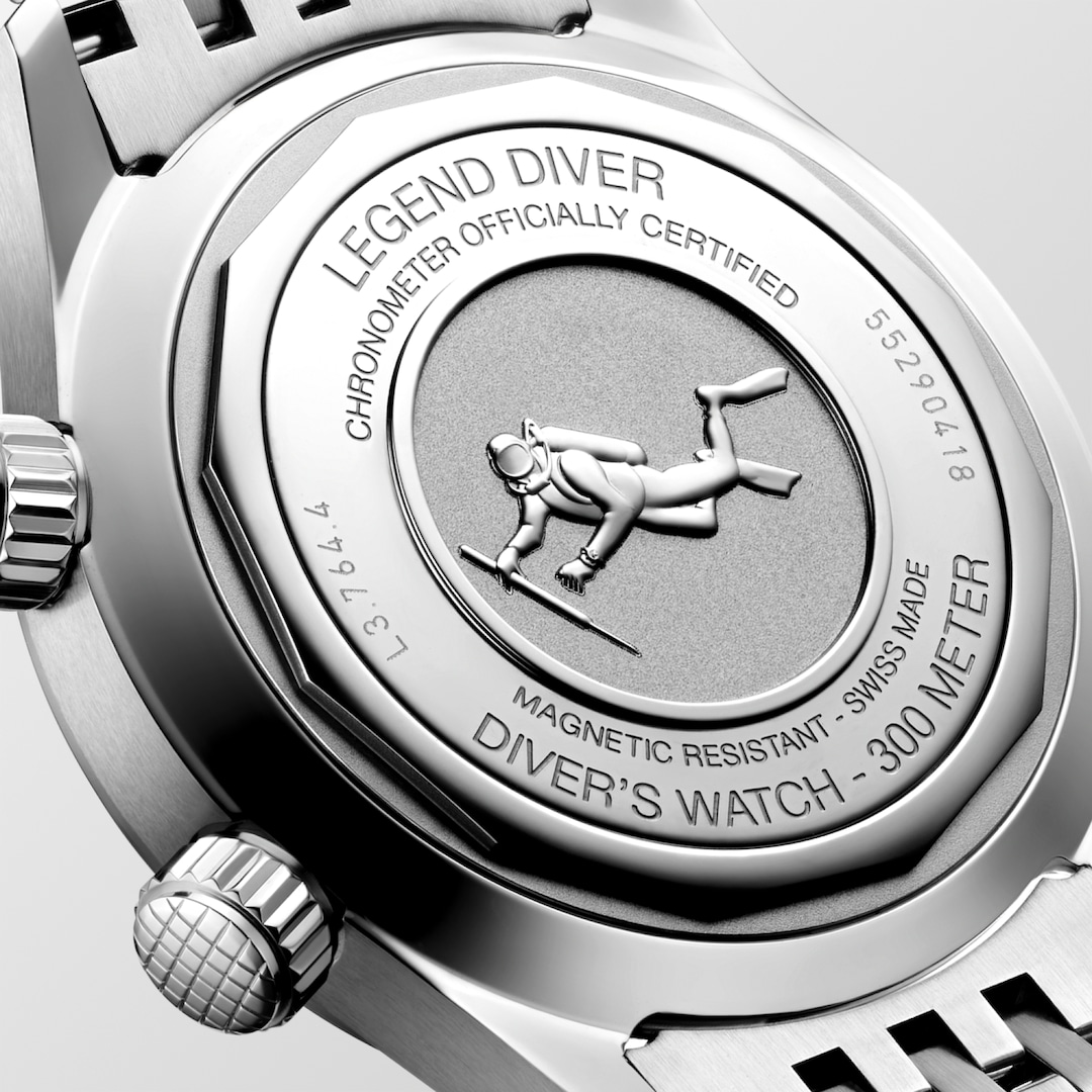 LONGINES Legend Diver L3.764.4.99.6 Caseback Close-Up With Diver Medallion and Engraved Details