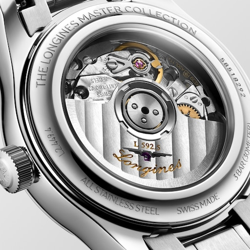 Close-up of the LONGINES Master Collection L2.449.4.97.6 automatic movement through its transparent sapphire caseback.