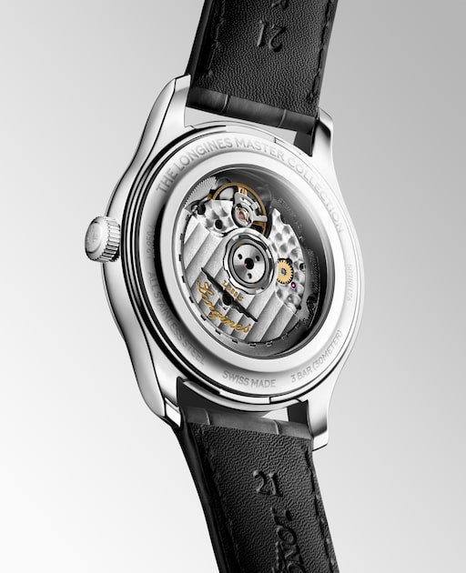 Rear view of the LONGINES Master Collection L2.950.4.99.2 showing its transparent caseback and leather strap.