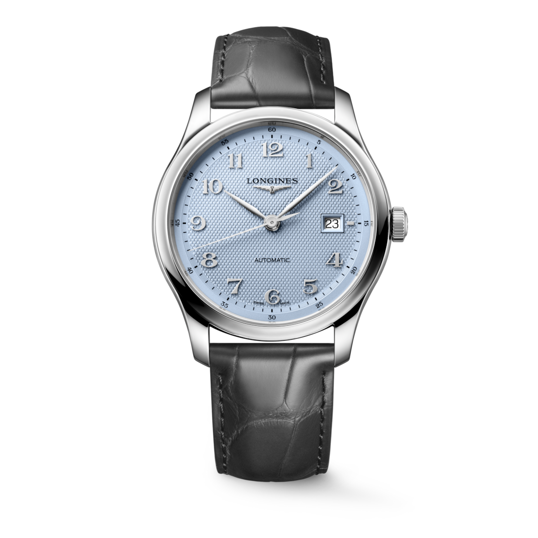 LONGINES Master Collection L2.950.4.99.2 shown from the front with a light blue dial and anthracite leather strap.