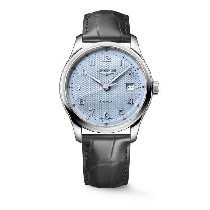 LONGINES Master Collection L2.950.4.99.2 shown from the front with a light blue dial and anthracite leather strap.