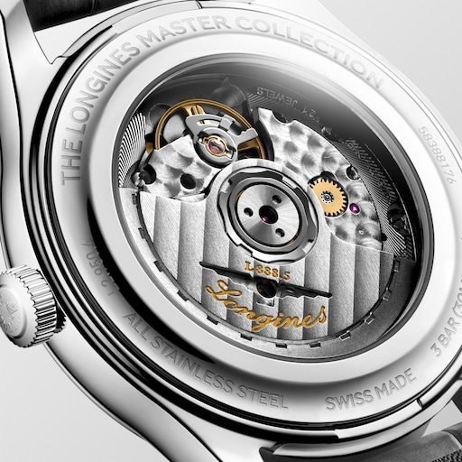 Close-up of the LONGINES Master Collection L2.950.4.99.2 automatic movement through the transparent sapphire caseback.