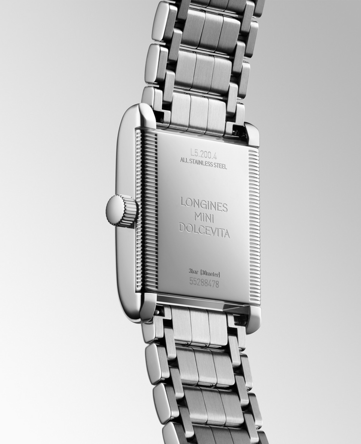 LONGINES Mini DolceVita L5.200.4.75.6 Caseback Close-Up With Stainless Steel Bracelet
