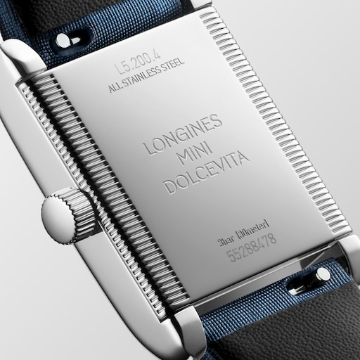 Close-up of the LONGINES Mini DolceVita L5.200.4.87.2 engraved stainless steel caseback and blue leather strap.