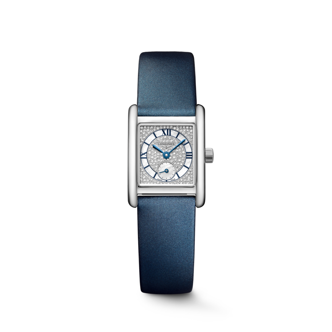 LONGINES Mini DolceVita L5.200.4.87.2 shown from the front with a rectangular steel case, diamond dial and blue strap.
