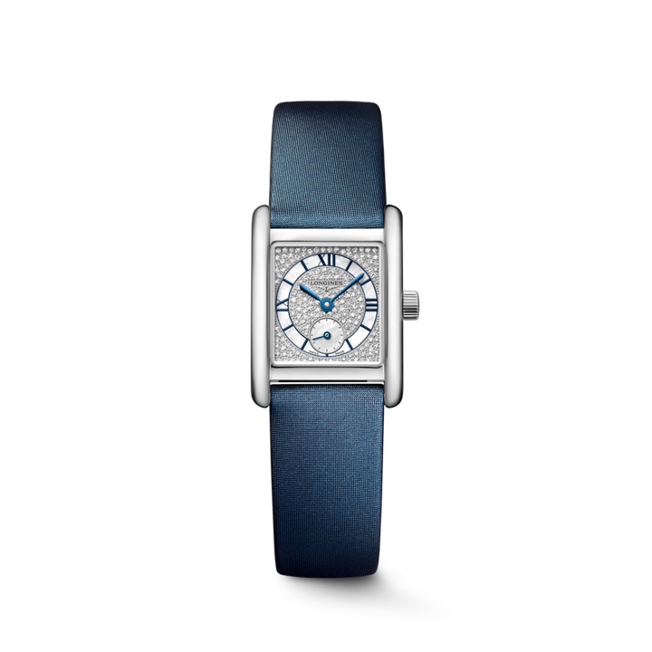 LONGINES Mini DolceVita L5.200.4.87.2 shown from the front with a rectangular steel case, diamond dial and blue strap.