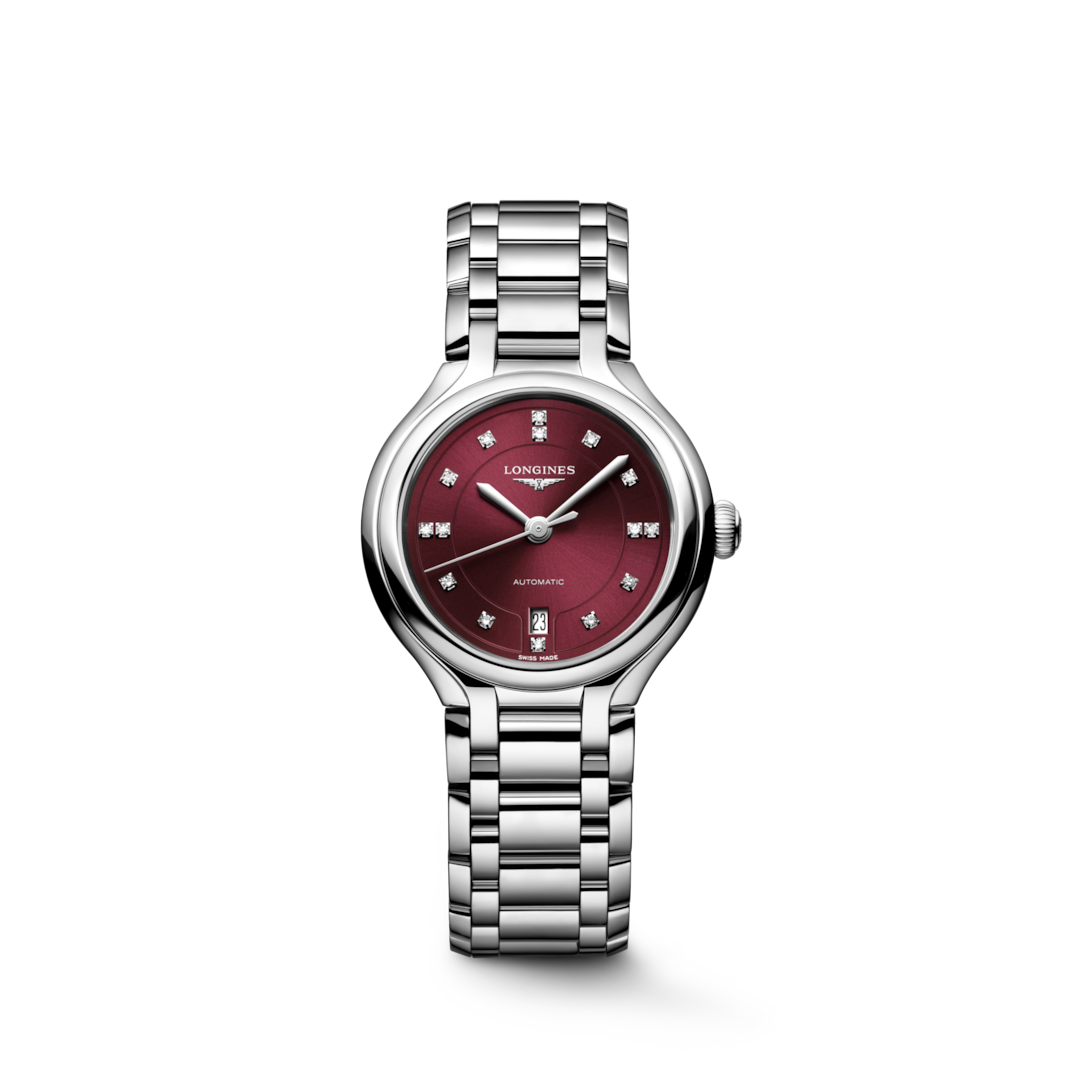 LONGINES PrimaLuna L8.123.4.67.6 shown from the front with a Bordeaux diamond-set dial and stainless steel bracelet.