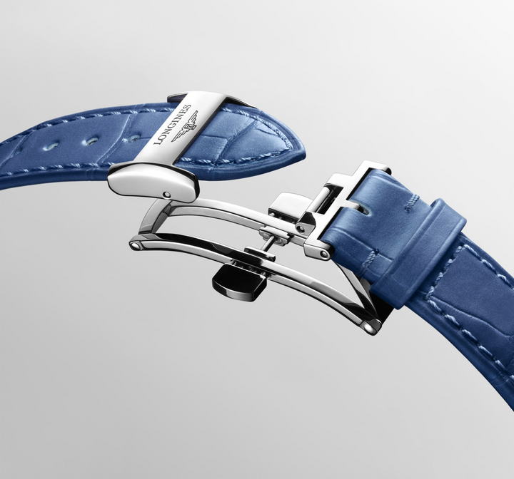 LONGINES PrimaLuna Moonphase Blue Alligator Leather Strap With Triple Safety Folding Clasp