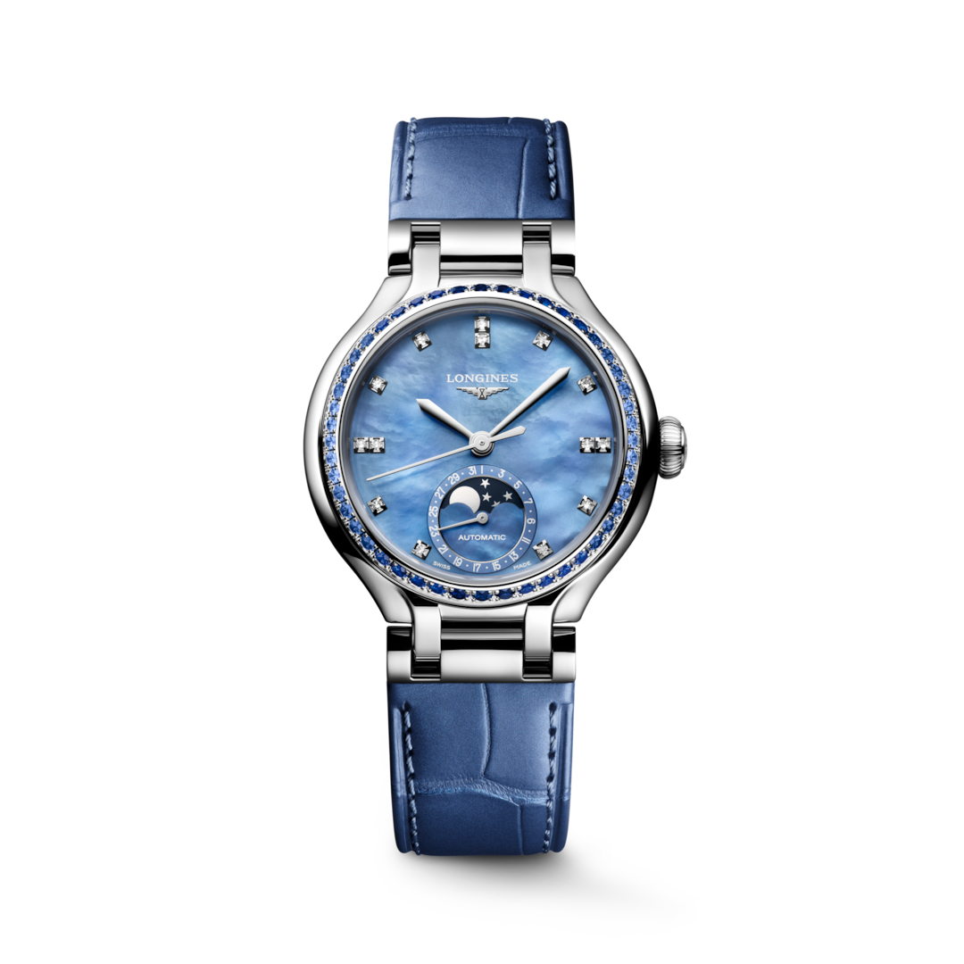 LONGINES PrimaLuna Moonphase L8.126.0.97.2 34mm Watch With Blue Mother-of-Pearl Diamond Dial