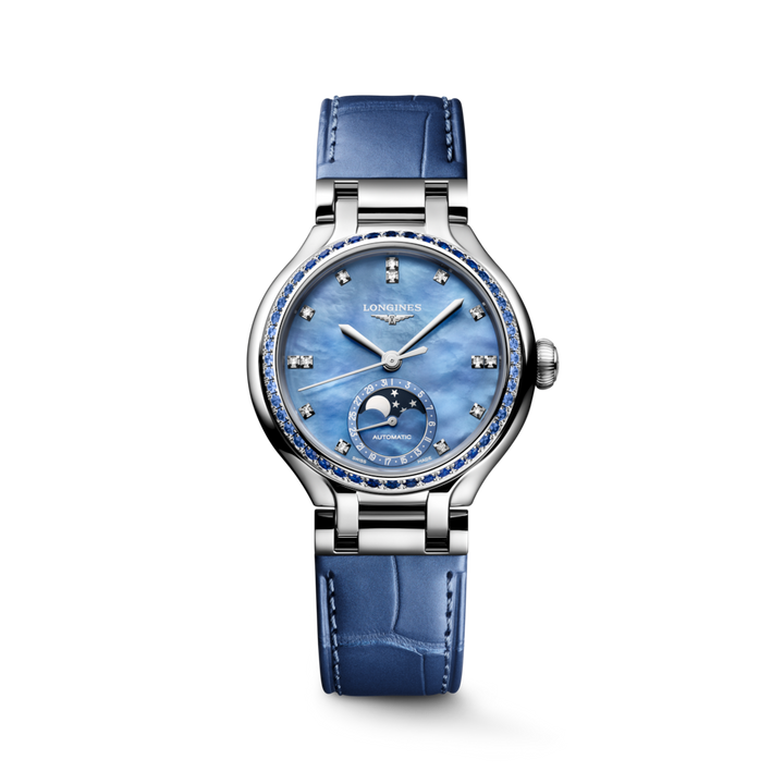LONGINES PrimaLuna Moonphase L8.126.0.97.2 34mm Watch With Blue Mother-of-Pearl Diamond Dial