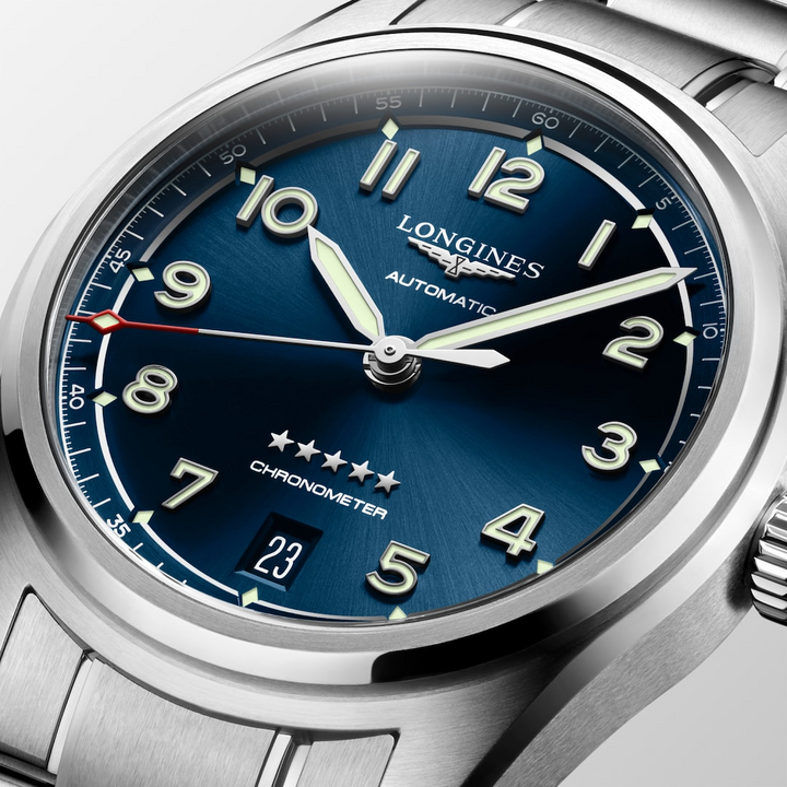 LONGINES Spirit L3.410.4.93.6 Blue Dial Close-Up With Arabic Numerals and Date Window