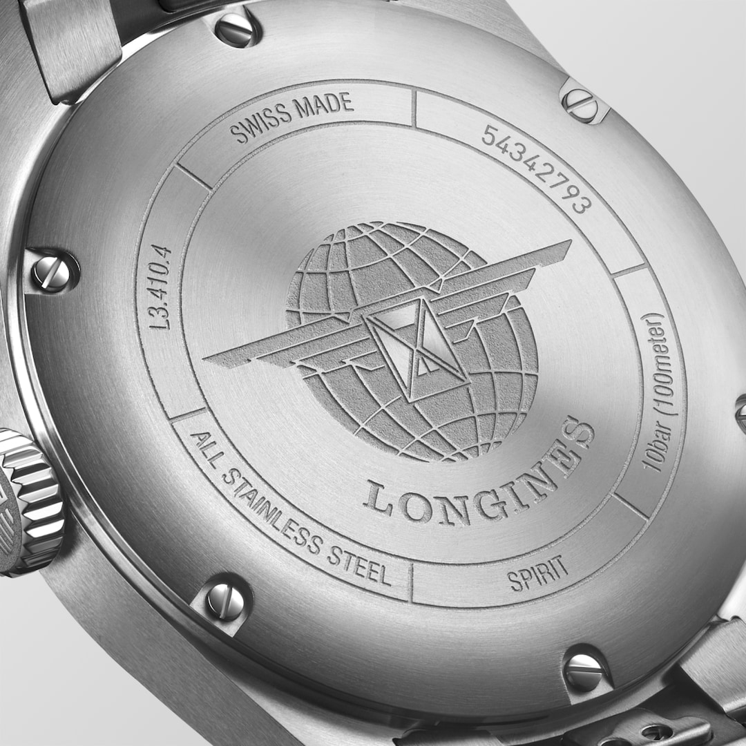 LONGINES Spirit L3.410.4.93.6 Stainless Steel Caseback Close-Up With Engraved Details