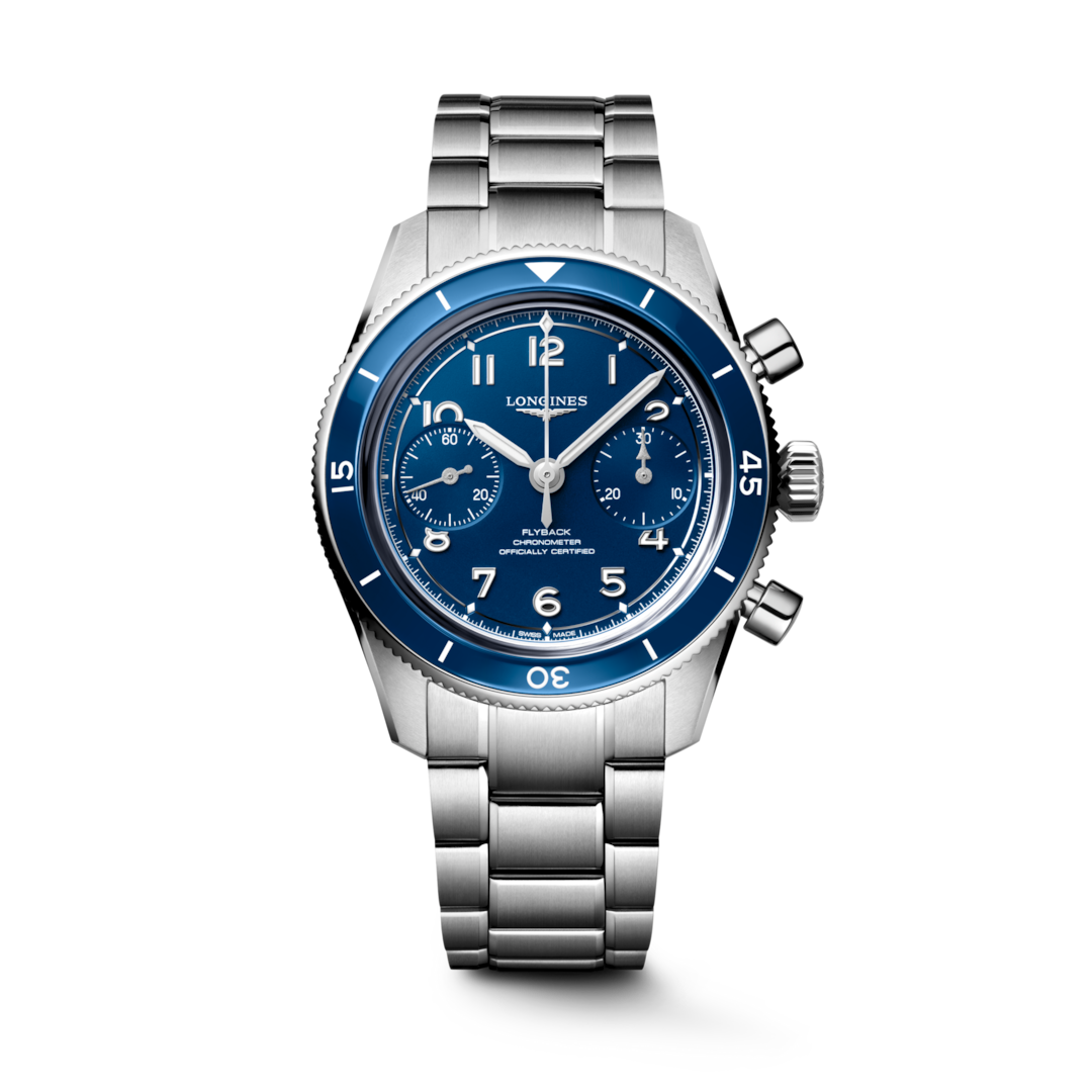 LONGINES Spirit Pilot Flyback L3.721.4.93.6 shown from the front with a blue dial, blue bezel and steel bracelet.