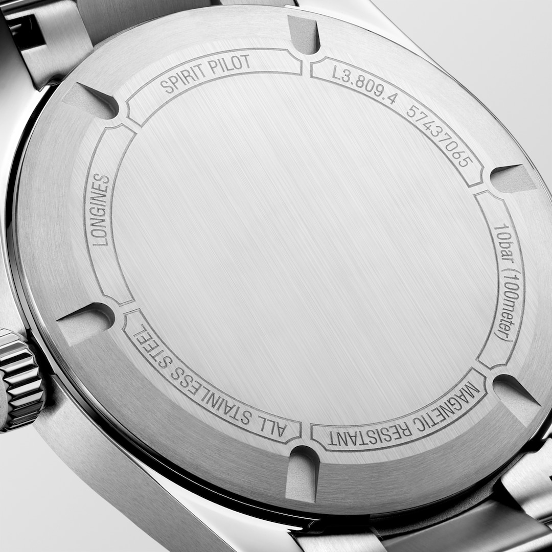 LONGINES Spirit Pilot L3.809.4.53.6 Stainless Steel Caseback Close-Up With Engraved Details