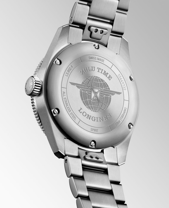 LONGINES Spirit Zulu Time L3.802.4.60.6 Caseback With Zulu Time Engraving and Stainless Steel Bracelet