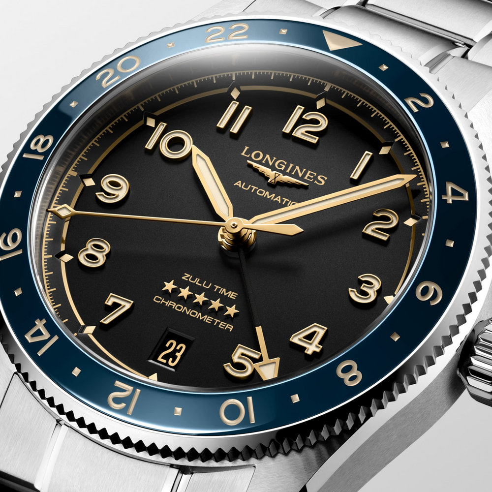 LONGINES Spirit Zulu Time L3.802.4.60.6 Anthracite Dial Close-Up With Blue Ceramic Bezel and GMT Hand
