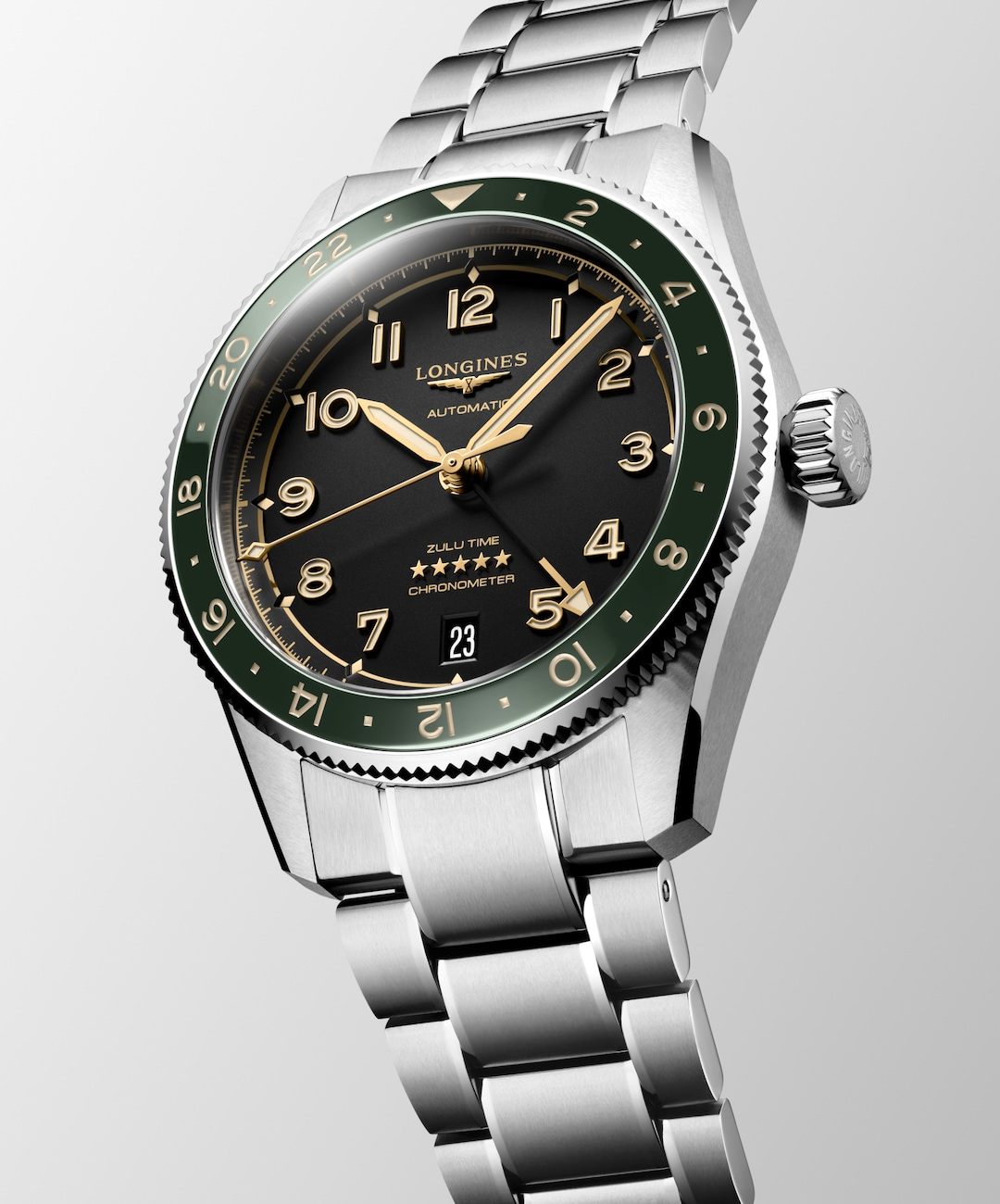 LONGINES Spirit Zulu Time L3.802.4.63.6 Angled View With Green Bezel and Stainless Steel Bracelet