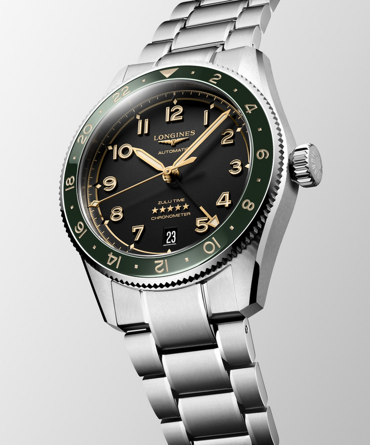 LONGINES Spirit Zulu Time L3.802.4.63.6 Angled View With Green Bezel and Stainless Steel Bracelet