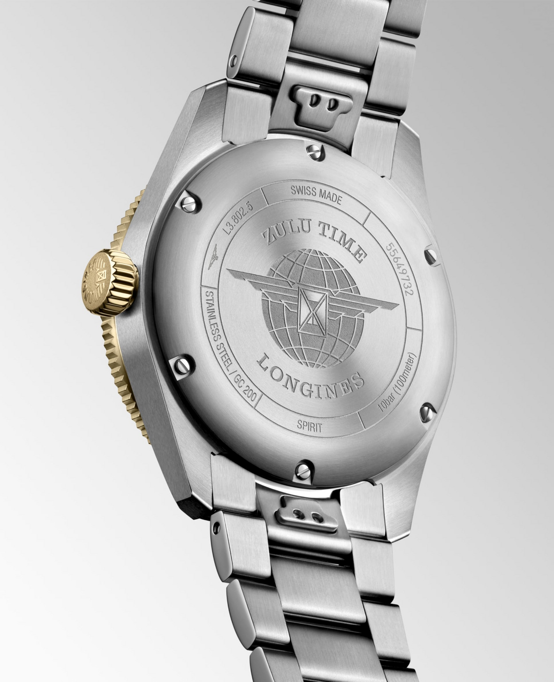 LONGINES Spirit Zulu Time L3.802.5.53.6 Caseback With Zulu Time Engraving and Gold Crown