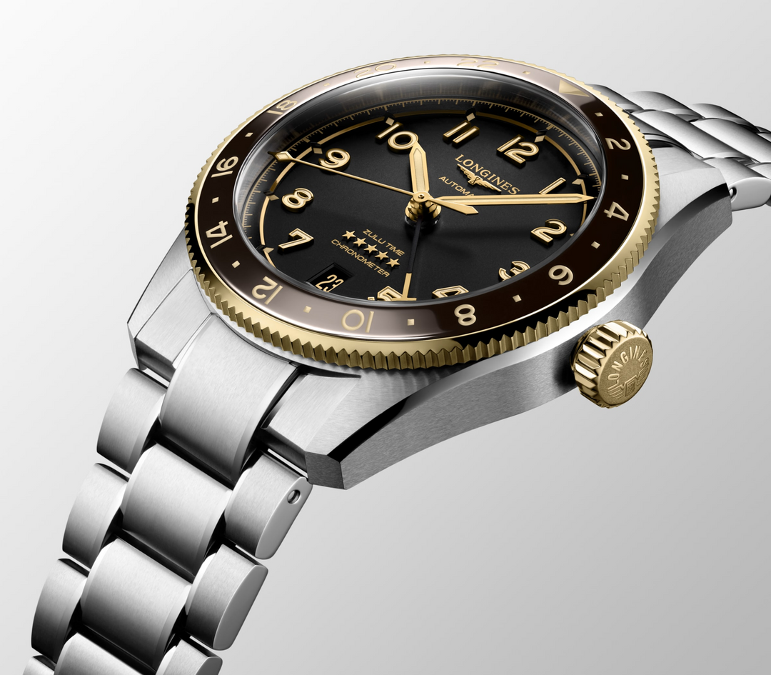 LONGINES Spirit Zulu Time L3.802.5.53.6 Low Angle View With Anthracite Dial and Two-Tone Bezel