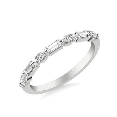 An angled view of a white gold wedding band against a white background. The ring features a half eternity style with alternating marquise and baguette-shaped diamonds.